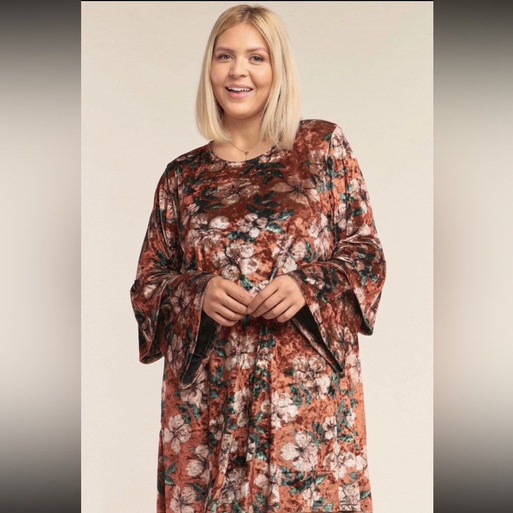 Black Floral Velvet Dress with Bell Sleeves